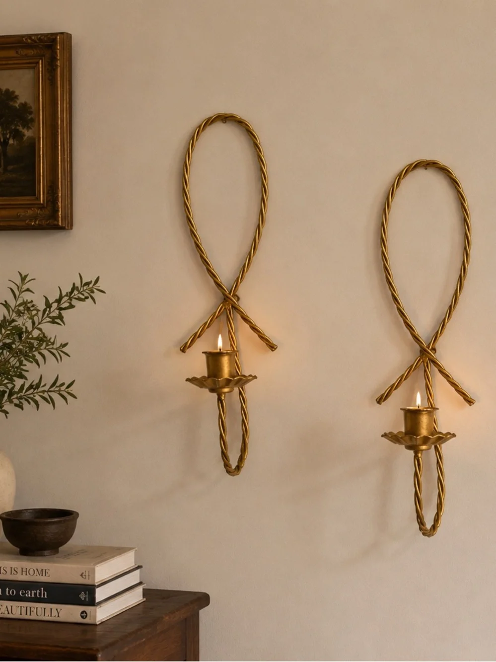 Vintage Gold Rope Loop Wall Candle Sconces - Set of 2